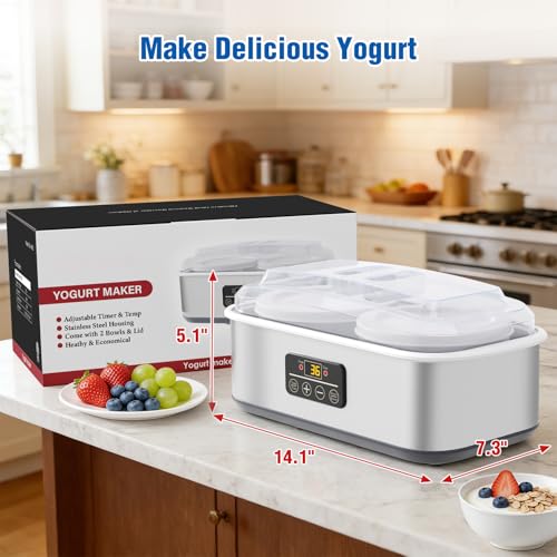 Yogurt Maker with Adjustable Time and Temp Control, Yogurt Maker Machine with Automatic Shut-Off & Constant Temper for Homemade Probiotic, Greek Yogurt, BPA-Free 2 Bowls 2 Quart (Grey)