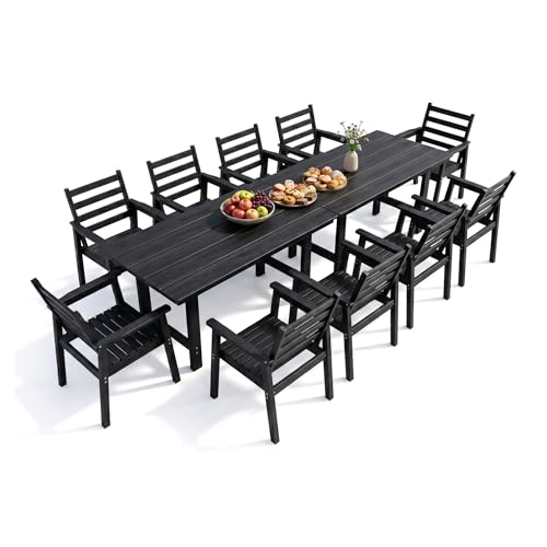 AXMOLM 12 Piece HDPE Outdoor Dining Set for 10, Patio Dining Furniture Set with 2” Umbrella Hole, Weather Resistant Outdoor Table and Chairs for Garden, Poolside, Backyard, Deck