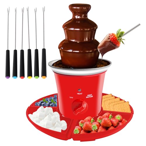 MINI Chocolate Fountain Machine Small Electric Chocolate Fondue Fountain Machine for Party for Candy Butter Cheese with Tray and Stickers (Red)