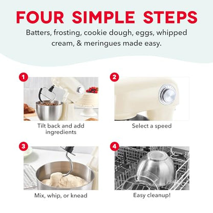 Dash 3.5QT Tilt-Head Stand Mixer - Electric Stand Mixer with Stainless Steel Bowl and Splash Guard For Baking - Cream, 3.5-Quart