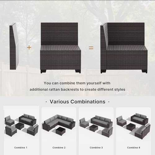 Gotland 6 Pieces Patio Furniture Set with 1 Coffee Table, 5 Seater Rattan Outdoor Sectional with Wide Armrests 29.5'' High Backrest Thick Waterproof Cushions, Conversation Sets for Deck Garden Gray