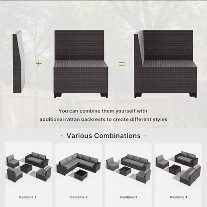 Gotland 6 Pieces Patio Furniture Set with 1 Coffee Table, 5 Seater Rattan Outdoor Sectional with Wide Armrests 29.5'' High Backrest Thick Waterproof Cushions, Conversation Sets for Deck Garden Gray