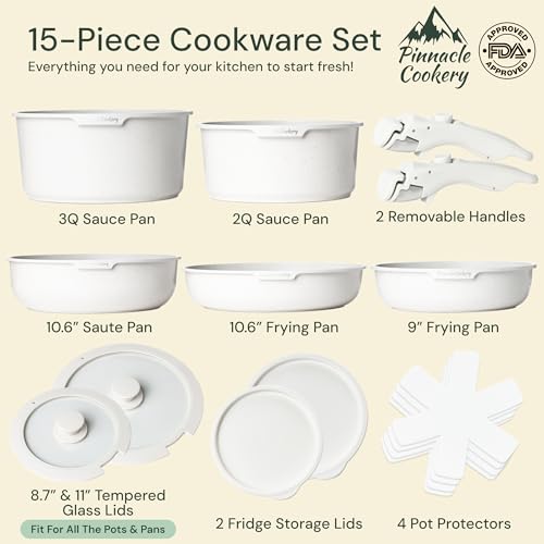 Pinnacle Cookery 15-Piece White Granite Nonstick Cookware Set – Detachable Handles & Tempered Glass Lids – Stackable & Cool-Touch - Induction & Oven Safe to 480°F - Scratch-Resistant, PFOA & PFOS-Free