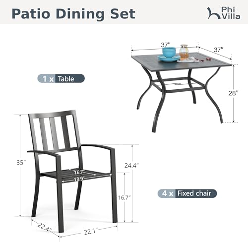 PHI VILLA 5 Piece Outdoor Table and Chairs, Patio Dining Set for 4,37" Black Square Metal Table and Stackable Wrought Iron Chairs with Umbrella Hole for Patio, Deck, Porch, Backyard