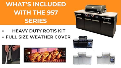Mont Alpi Premium 70"W x 24"D Stainless Steel Compact Outdoor Kitchen Island with Refrigerator + 32"W 4-Burner BBQ Grill with Infrared Rotisserie Burner + Storage Cabinets + White Granite Countertops