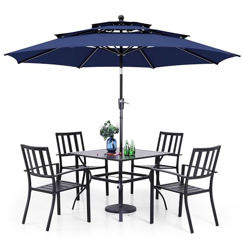 PHI VILLA 5 Piece Outdoor Dining Set with 10ft Umbrella, 37" Square Metal Dining Table & 4 Stacking Metal Chair with 3 Tier Navy Umbrella for Patio, Deck, Yard, Porch