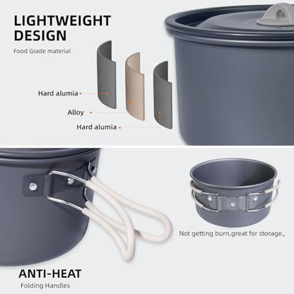 DINITHRON 13-Piece Camping Cookware Set with Anti-Scald Silicone Handles, Lightweight Non-Stick Aluminum Pots and Pans, Compact Mess Kit for Backpacking & Survival