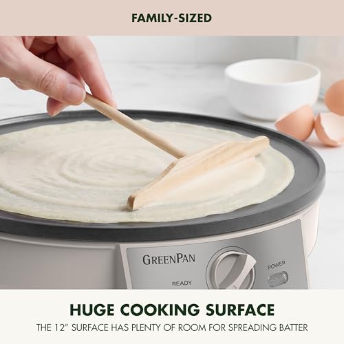 GreenPan Advanced 12" Crepe Maker, Ceramic Nonstick PFAS-Free Coating, Adjustable Temperature Control, 400°F Heating, Batter Spreader & Crepe Turner Included, Clay