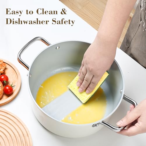 Zalnuuk Ceramic 5 Qt Nonstick Stock Pot with Lid, Soup Pot, Easy to Clean Non Stick Pasta Pot, PFOA PFAS PTFE Free, White