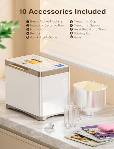 KBS 20-IN-1 Bread Maker with Custom Program, 650W Bread Machine with Nonstick Ceramic Pan & Stainless Steel Paddle, 2.2LB Bread Maker Machine, Polish Bread, Gluten-Free, Touch Panel,15H Timer,3 Colors