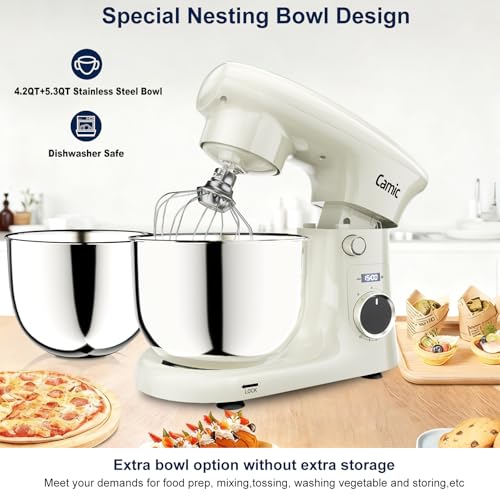 Camic Stand Mixer, 4.2QT+5.3QT Two bowls Electric Food Mixer, 10 Speeds with Digital setting 3-IN-1 Kitchen Mixer for Baking Cakes Cookie Bread Salad with Egg Whisk,Dough Hook,Flat Beater (White)