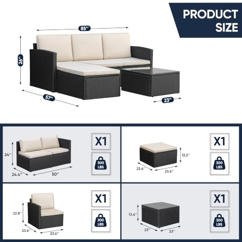Greesum 3 Piece Patio Furniture Set Outdoor Wicker Rattan Sectional Sofa with Adjustable Seat, Soft Cushions & Coffee Table for Yard, Garden, Porch, Poolside, Beige