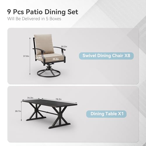 ALAULM 9-Piece Patio Dining Set,Outdoor Metal Dining Set with 8 Swivel Chairs & Rectangle Table with 1.5 Umbrella Hole, Patio Dining Table and Chairs for Backyard, Sand