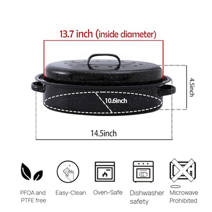 15"Oval Roasting Pan With Lid Small Chicken Roaster With 13.7in Inner Diameter Enamel Steel Roasting Pot Suitable for Outdoors Family Dinnerhigh Temperature Resistance Holiday Gifts