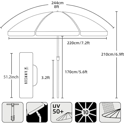 AMMSUN 8 Feet Large Beach Umbrella with Sand Anchor Heavy Duty High Wind Portable Outdoor Umbrellas UPF 50+ Protection Air Vent Tilt Patio Garden Pool Blue