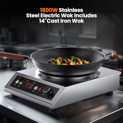 VEXMAECY 1800W Induction Wok,Stainless Steel Electric Wok Used For Home And Commercial,Temp From 140°F to 460°F,Concave Surface Dual Control 10 Power 24H Timer,14-inch Cast Iron Wok Included