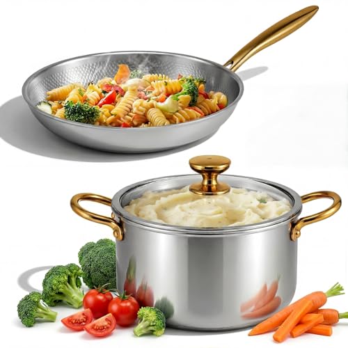 LemonRoad 2 Pieces Titanium Cookware Set, 11'' and 9.45'' Pots and Pans with Lids Triply Titanium No Coat Technology Safe for Oven, Induction and Cook Tops, Dishwasher Safe (Pan and Soup Pot)