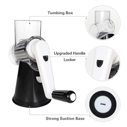 Cambom Rotary Cheese Grater Hand Crank Cheese Shredder for Fresh Cheese, Vegetable, Nuts,Non-slip Suction Base, Three Blades, Black
