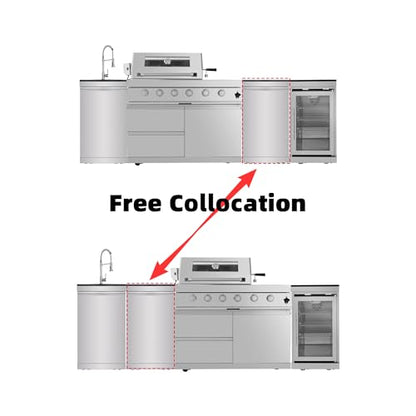 98 Inches Outdoor Kitchen Island, 4-Burner 72000 BTU Propane Stainless Steel BBQ with Side/Rear Burners, With Refrigerator and Sink, Rotisserie, Granite Countertops, Storage, For Backyard BBQ, Silver
