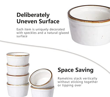 ONEMORE 12 oz Ramekins Oven Safe - Set of 6 Speckled Ceramic Souffle Dishes with Brown Rim for Baking Creme Brulee, French Onion Soup, Pot Pies, and More | Rustic Design with Warm Cream Glaze