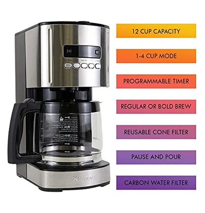 Koolatron Kenmore Drip Coffee Maker - 12 Cup Programmable Cafe Machine With Glass Pot, Regular & Bold Brew, Auto Shut Off Large Water Reservoir, Reusable Filter, Kitchen Appliances, Black