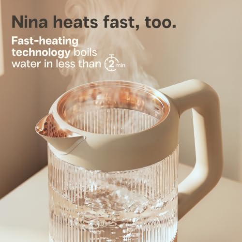 Viante Nina Electric Tea Kettle with Infuser, No Plastic In Contact With Water, 1.5L Borosilicate Glass, 304 Stainless Steel, 4 Temp Presets, Keep Warm, Cordless, Auto Shut-Off, Beige