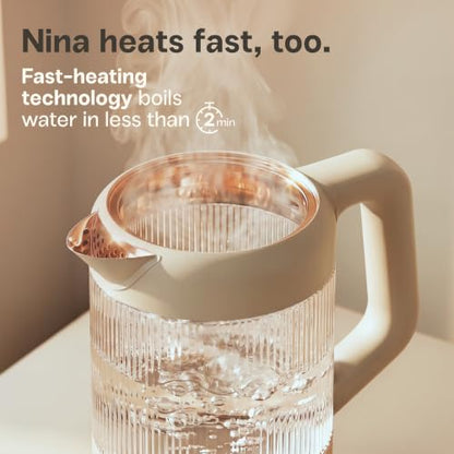 Viante Nina Electric Tea Kettle with Infuser, No Plastic In Contact With Water, 1.5L Borosilicate Glass, 304 Stainless Steel, 4 Temp Presets, Keep Warm, Cordless, Auto Shut-Off, Beige