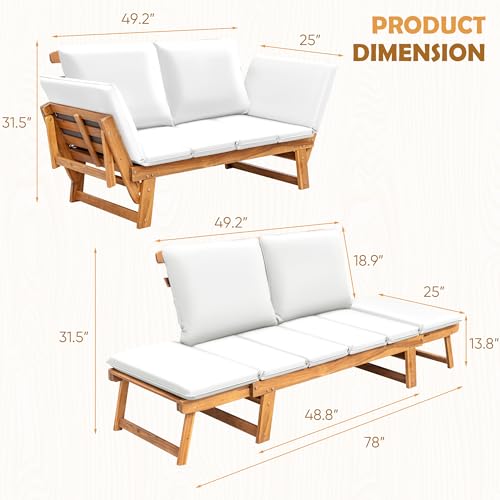 Greesum Patio Convertible Couch Sofa Bed with Adjustable Armrest, Acacia Wood Outdoor Daybed with Cushion & Pillow, Folding Chaise Lounge Bench for Porch Courtyard Poolside，White