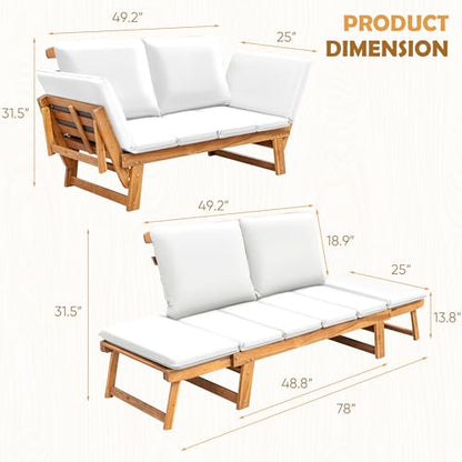Greesum Patio Convertible Couch Sofa Bed with Adjustable Armrest, Acacia Wood Outdoor Daybed with Cushion & Pillow, Folding Chaise Lounge Bench for Porch Courtyard Poolside，White