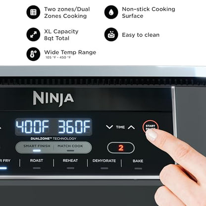 Ninja DZ201 Foodi 8 Quart 6-in-1 DualZone 2-Basket Air Fryer with 2 Independent Frying Baskets, Match Cook & Smart Finish to Roast, Broil, Dehydrate & More for Quick, Easy Meals, Grey
