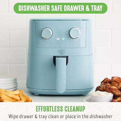 GreenLife 4.5QT Air Fryer, Mechanical Dial Controls, PFAS-Free Ceramic Nonstick Drawer, Adjustable Temp & Timer, LED Indicator, Oil-Less Cooking, Dishwasher Safe, Compact Family Size, Blue