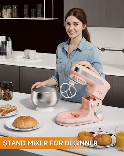 Stand Mixers, 3.4QT Mixers Kitchen Electric Stand Mixer, 6+P Speed Tilt-Head Portable Household Mixers for Daily Use with Egg Whisk, Dough Hook, Flat Beater, Dough Bread Mixer for Baking (Pink)