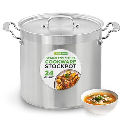NutriChef Stainless Steel Stock Pot with Lid, 24 Quart Large Stock Pot with Lid for Soup & Stews, Heavy Duty Stainless Steel Cookware, Induction Base, Ergonomic Handles, Polished 18/8