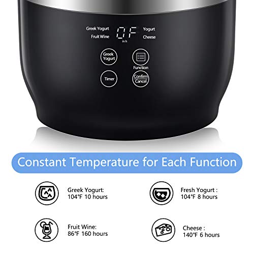 Bear Yogurt Maker, Greek Yogurt Maker Machine with Strainer and Timer Control, Stainless Steel Inner Pot, Automatic Digital with 2 Glass Jars 1 Quart for Home Organic Yogurt, Cheese, Fruit Wine
