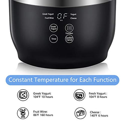 Bear Yogurt Maker, Greek Yogurt Maker Machine with Strainer and Timer Control, Stainless Steel Inner Pot, Automatic Digital with 2 Glass Jars 1 Quart for Home Organic Yogurt, Cheese, Fruit Wine