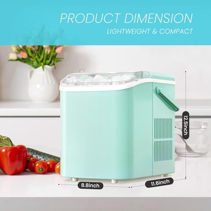 KMFurnila Ice Makers Countertop, Portable Ice Machine with Handle, 6 Mins 9 Bullet Cubes with Basket and Scoop, 26lbs in 24Hrs, Auto-Cleaning, for Home, Kitchen, RV, Camping, Green
