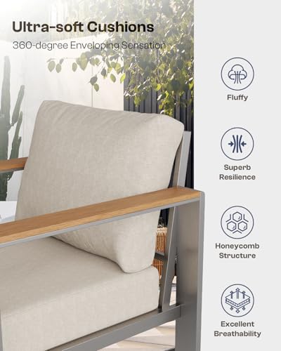 Oasbira Aluminum Outdoor Patio Furniture Set with Coffee Table, 4 Piece Patio Conversation Sets with Washable Thick Cushions, Outdoor Sectional Furniture Set for Porch, Balcony, Deck, Yard, Silver
