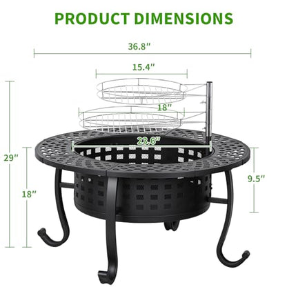 FDW 36 Inch Fire Pit with 2 Adjustable Grills,Wood Burning Fire Pits for Outside with Lid & Fire Poker, BBQ& Outdoor Firepit & Round Metal Table 3 in 1 for Patio, Picnic, Party