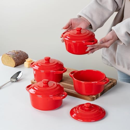 Mini Cocotte Set of 4, 15 oz Ceramic Mini Dutch Ovens with Lids and Handles, Small Casserole Dishes for Baking, Soufflé and Baked Desserts, Oven Microwave Dishwasher Safe, Red