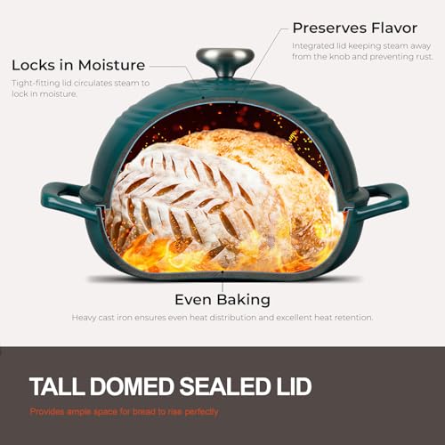 Overmont Enameled Cast Iron Bread Oven - 6QT Bread Dutch Oven for Sourdough Baking - Bread Pot with Dome Lid Cotton Potholders & Cookbook - Multi-Functional Bread Pan For Baking Frying Roasting