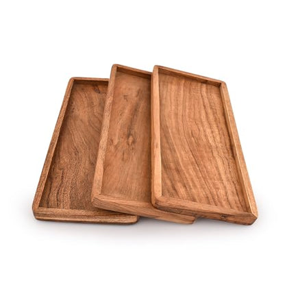 Mahasu Platter Acacia Wood Serving Platters Set of 3 Cake Appetizer Plates Kitchen Charcuterie Platter for Food (Set of 3) (12" X 6" X 0.75")