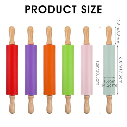 6 Pack Small Rolling Pins for Kids, Silicone Rolling Pin with Wooden Handle, Mini Rolling-Pins for Dough, Cookie, Pastry, 12 Inch (6 Colors)