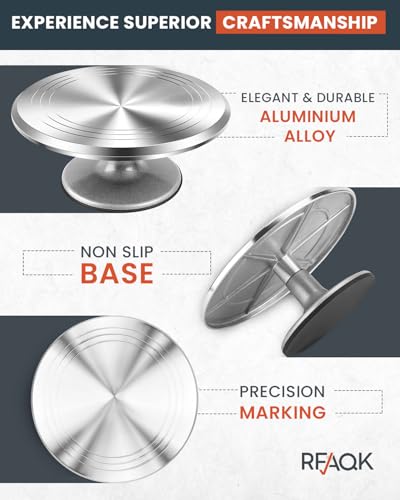 RFAQK 50PCs Cake Decorating Supplies Kit with 12" Aluminum Rotating Cake Turntable Stand, Professional Leveler, Straight & Offset Spatulas, 12 Numbered Icing Tips & Bags