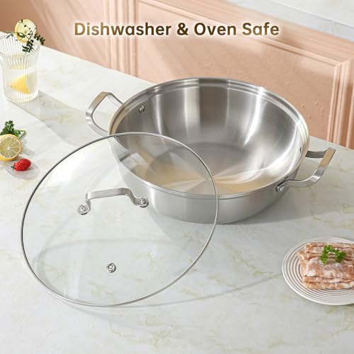 Yeksum Tri-Ply Stainless Steel Saute Pan,Deep Frying Pan with lid,Compatible with All Cooktops Up to 650℉, Everyday Pan,Hot Pot,Kadhai,Induction Cooking Pot,Dishwasher and Oven Safe. (5QT)
