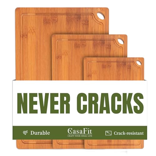 3-Piece Organic Bamboo Cutting Board Set for Kitchen - Carbonized Extra Sturdy Chopping Boards with Juice Grooves - Knife-Friendly Multi-Size (15", 12", 9") for Meat & Veggies - Housewarming Gift Box