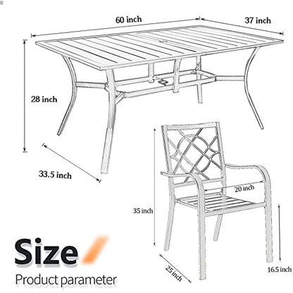 Omelaza 7 Pieces Patio Metal Furniture Outdoor Dining Set with 6 Stackable Bistro Chairs, 60'' x 37'' Rectangle Table and 10Ft Dark Blue Umbrella