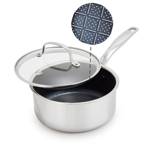 Blue Diamond Hybrid Nonstick Stainless Steel 2QT Saucepan with Glass Lid, PFAS-Free Ceramic Diamond Bond Pot, Dishwasher Safe, Stay-Cool Handle, Induction Ready, Compatible with All Cooktops
