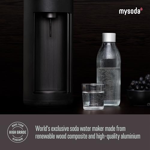 Mysoda Glassy Soda Maker + 1L Glass and 1L Plastic Bottle - Silent Carbonated Water Machine Soda Maker with Sliding Door Opening - No Cylinder Included - Black