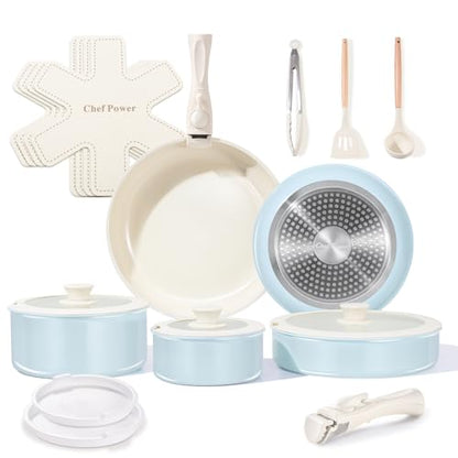Chef Power Ceramic Nonstick Pots and Pans Set 19 Piece with Detachable Handle, Induction Dishwasher Oven Safe Cookware Set, RV Kitchen Set Removable Handle (Light Blue)