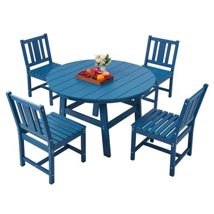 AMERLIFE 5 Piece HDPE Outdoor Dining Table & Chairs Set, All-Weather Patio Table and Chairs Set Furniture with Umbrella Hole for Garden, Backyard, Poolside, Seaside, Blue